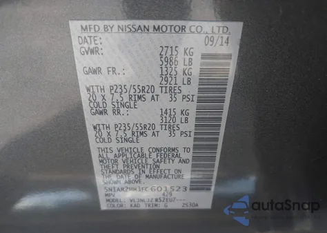 2015 Nissan Pathfinder Platinum from USA, damaged, VIN 5N1AR2MM3FC601523